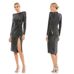 Ieena for Mac Duggal Black Silver High Slit Metallic Midi Dress Women's 8 NEW
